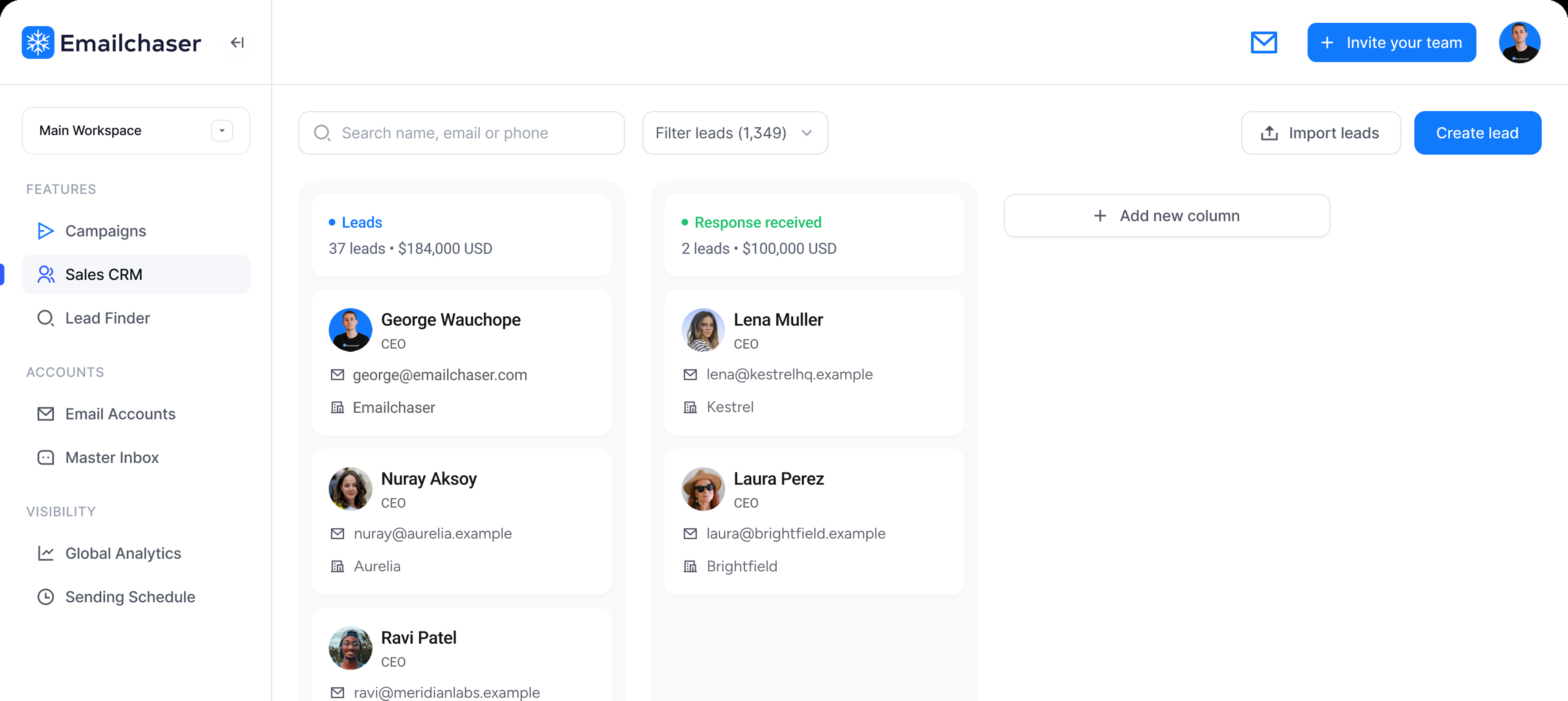 Emailchaser's built-in Sales CRM showing leads and replies in pipeline columns