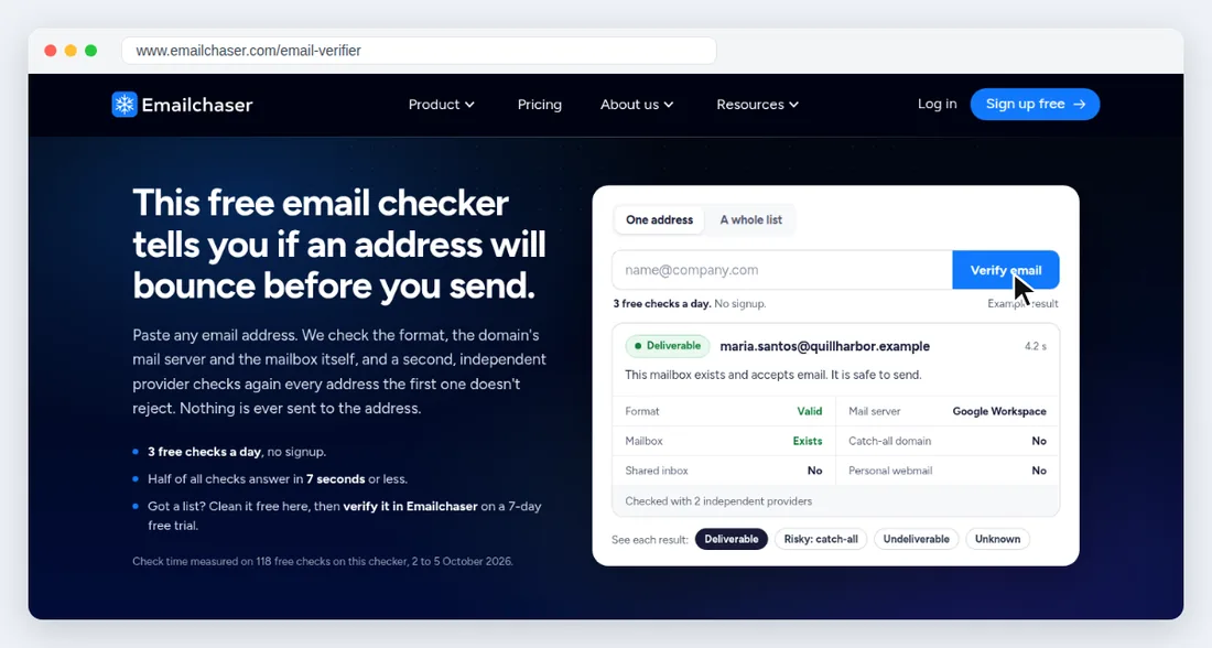 The free Email Checker in a desktop browser, with an example result for a made-up address.