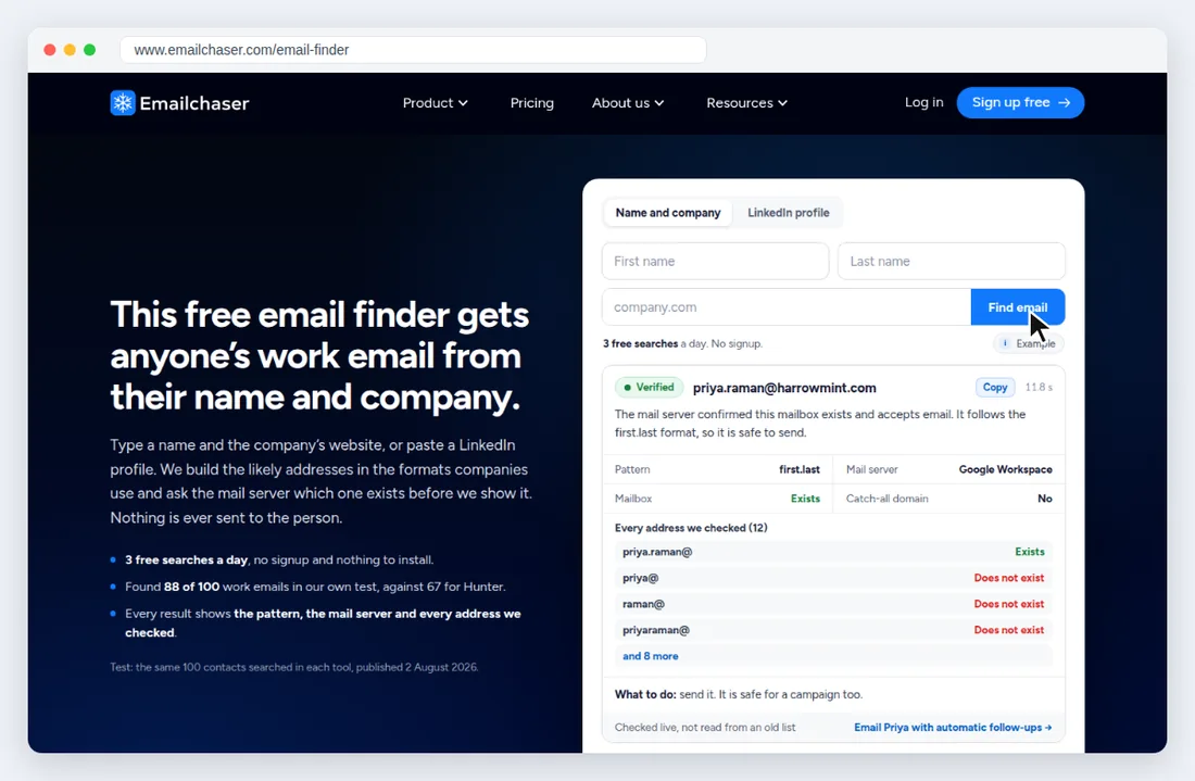 The free Email Finder in a desktop browser, with an example result for a made-up person.