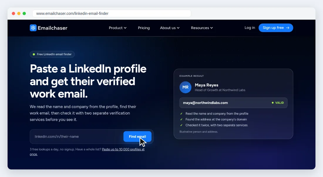 The free LinkedIn Email Finder in a desktop browser, with an example result for a made-up person.