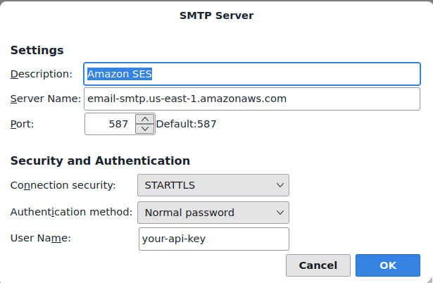 Thunderbird SMTP Server settings for Amazon SES: server name email-smtp.us-east-1.amazonaws.com, port 587, connection security STARTTLS, authentication method normal password.