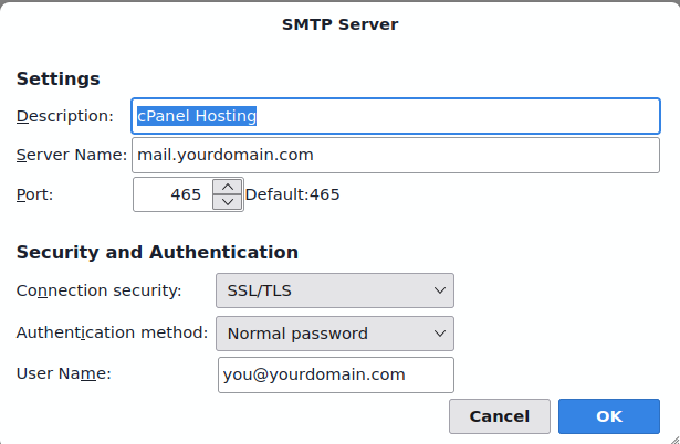 Thunderbird SMTP Server settings for cPanel Hosting: server name mail.yourdomain.com, port 465, connection security SSL/TLS, authentication method normal password.