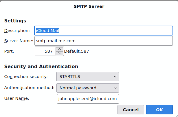 Thunderbird SMTP Server settings for iCloud Mail: server name smtp.mail.me.com, port 587, connection security STARTTLS, authentication method normal password.