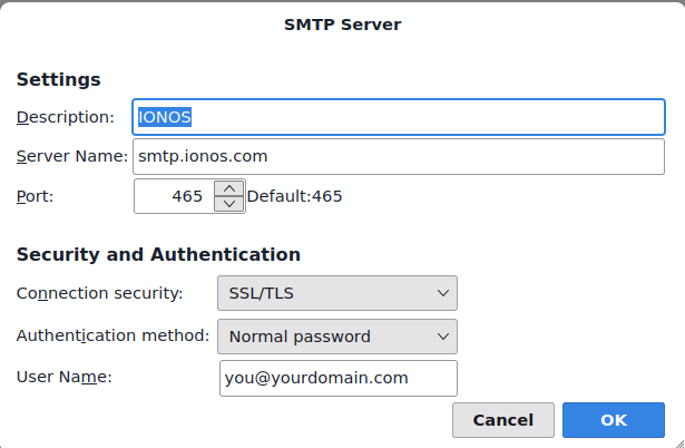 Thunderbird SMTP Server settings for IONOS: server name smtp.ionos.com, port 465, connection security SSL/TLS, authentication method normal password.