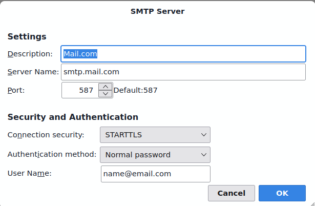 Thunderbird SMTP Server settings for Mail.com: server name smtp.mail.com, port 587, connection security STARTTLS, authentication method normal password.