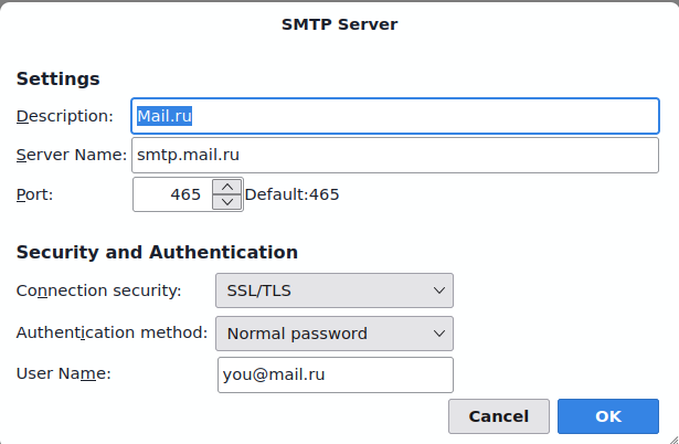 Thunderbird SMTP Server settings for Mail.ru: server name smtp.mail.ru, port 465, connection security SSL/TLS, authentication method normal password.