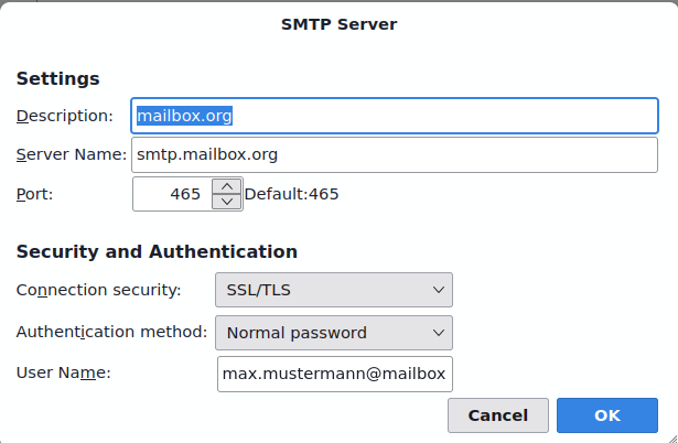 Thunderbird SMTP Server settings for mailbox.org: server name smtp.mailbox.org, port 465, connection security SSL/TLS, authentication method normal password.
