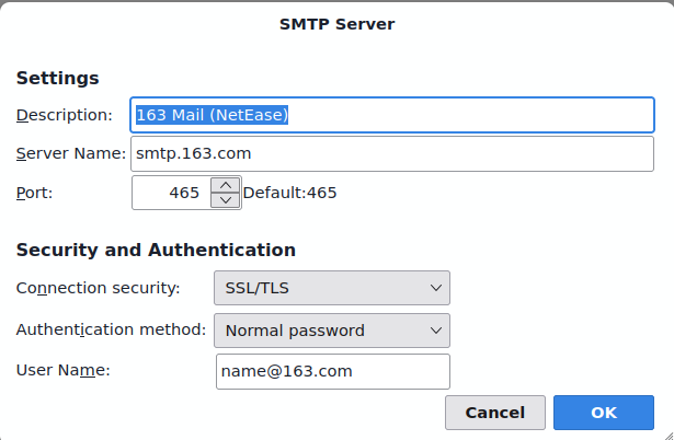Thunderbird SMTP Server settings for 163 Mail (NetEase): server name smtp.163.com, port 465, connection security SSL/TLS, authentication method normal password.