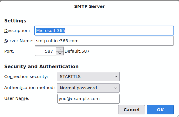 Thunderbird SMTP Server settings for Microsoft 365: server name smtp.office365.com, port 587, connection security STARTTLS, authentication method normal password.