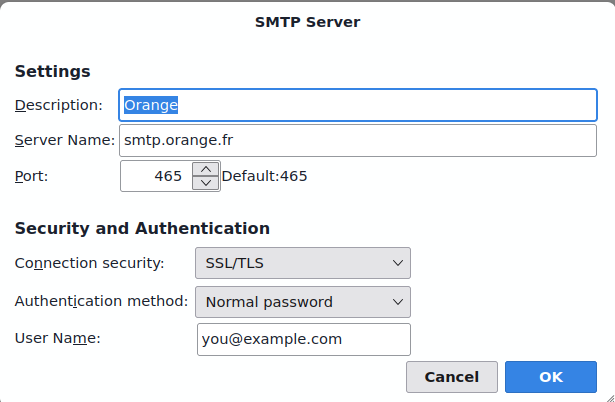 Thunderbird SMTP Server settings for Orange: server name smtp.orange.fr, port 465, connection security SSL/TLS, authentication method normal password.