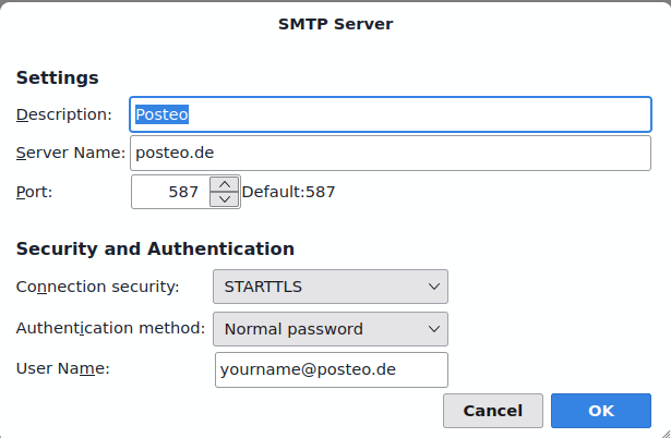 Thunderbird SMTP Server settings for Posteo: server name posteo.de, port 587, connection security STARTTLS, authentication method normal password.