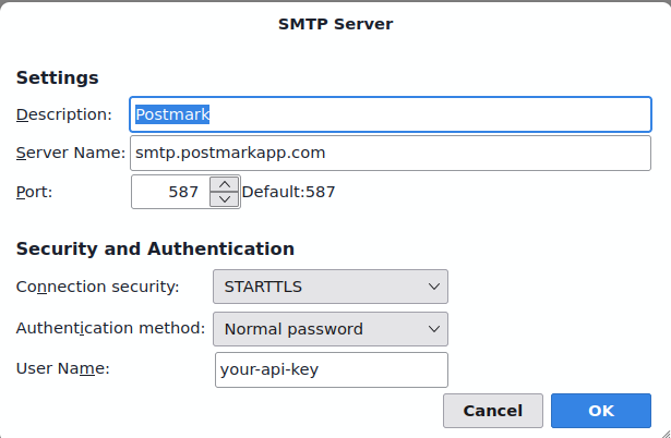 Thunderbird SMTP Server settings for Postmark: server name smtp.postmarkapp.com, port 587, connection security STARTTLS, authentication method normal password.