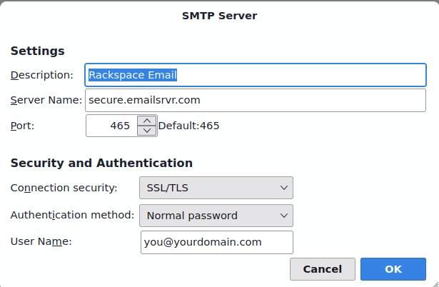 Thunderbird SMTP Server settings for Rackspace Email: server name secure.emailsrvr.com, port 465, connection security SSL/TLS, authentication method normal password.