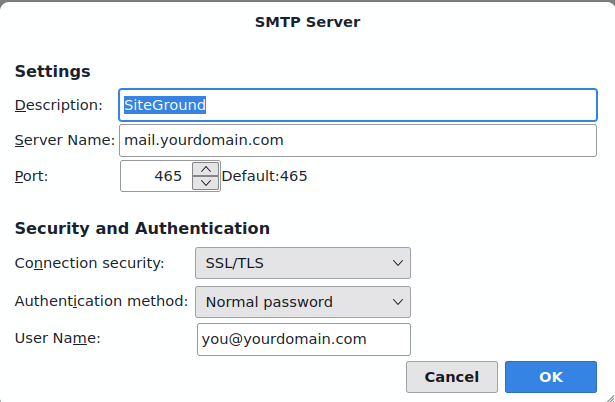 Thunderbird SMTP Server settings for SiteGround: server name mail.yourdomain.com, port 465, connection security SSL/TLS, authentication method normal password.