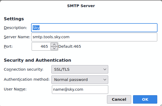 Thunderbird SMTP Server settings for Sky: server name smtp.tools.sky.com, port 465, connection security SSL/TLS, authentication method normal password.