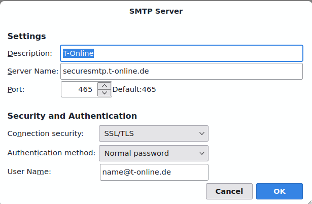 Thunderbird SMTP Server settings for T-Online: server name securesmtp.t-online.de, port 465, connection security SSL/TLS, authentication method normal password.