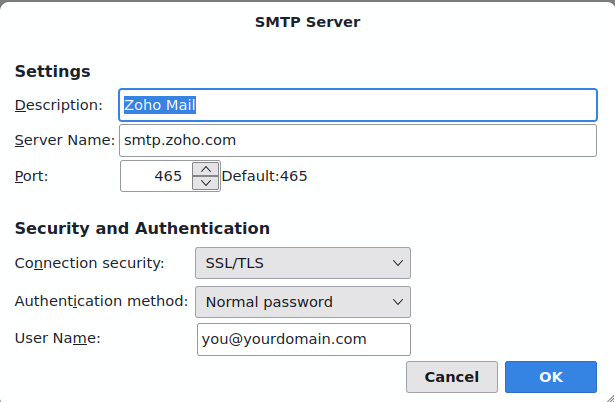 Thunderbird SMTP Server settings for Zoho Mail: server name smtp.zoho.com, port 465, connection security SSL/TLS, authentication method normal password.