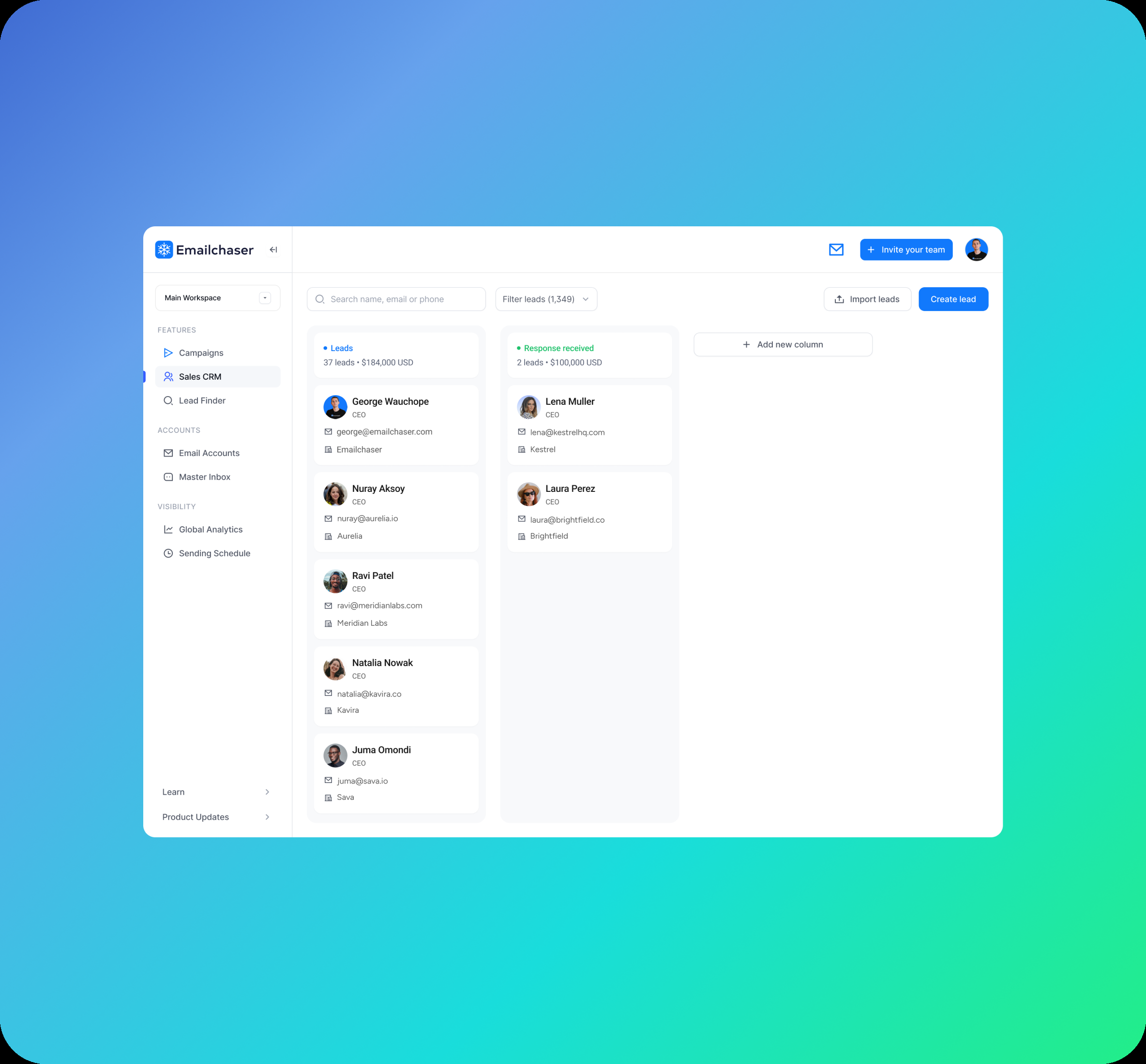 Sales CRM board with custom pipeline columns