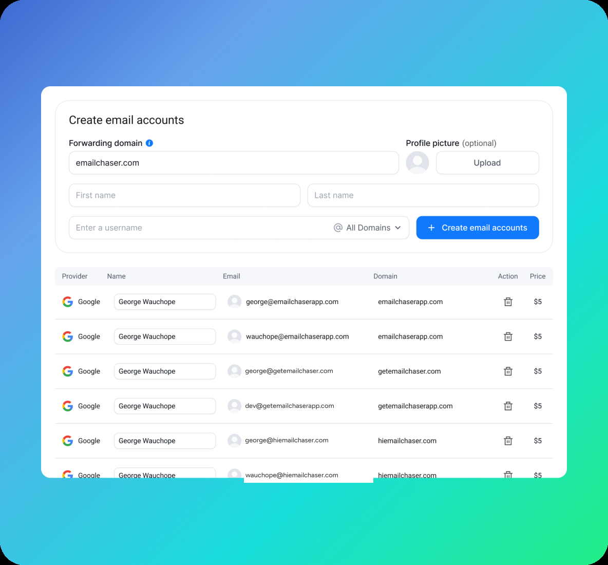 Email accounts list with connected sending mailboxes