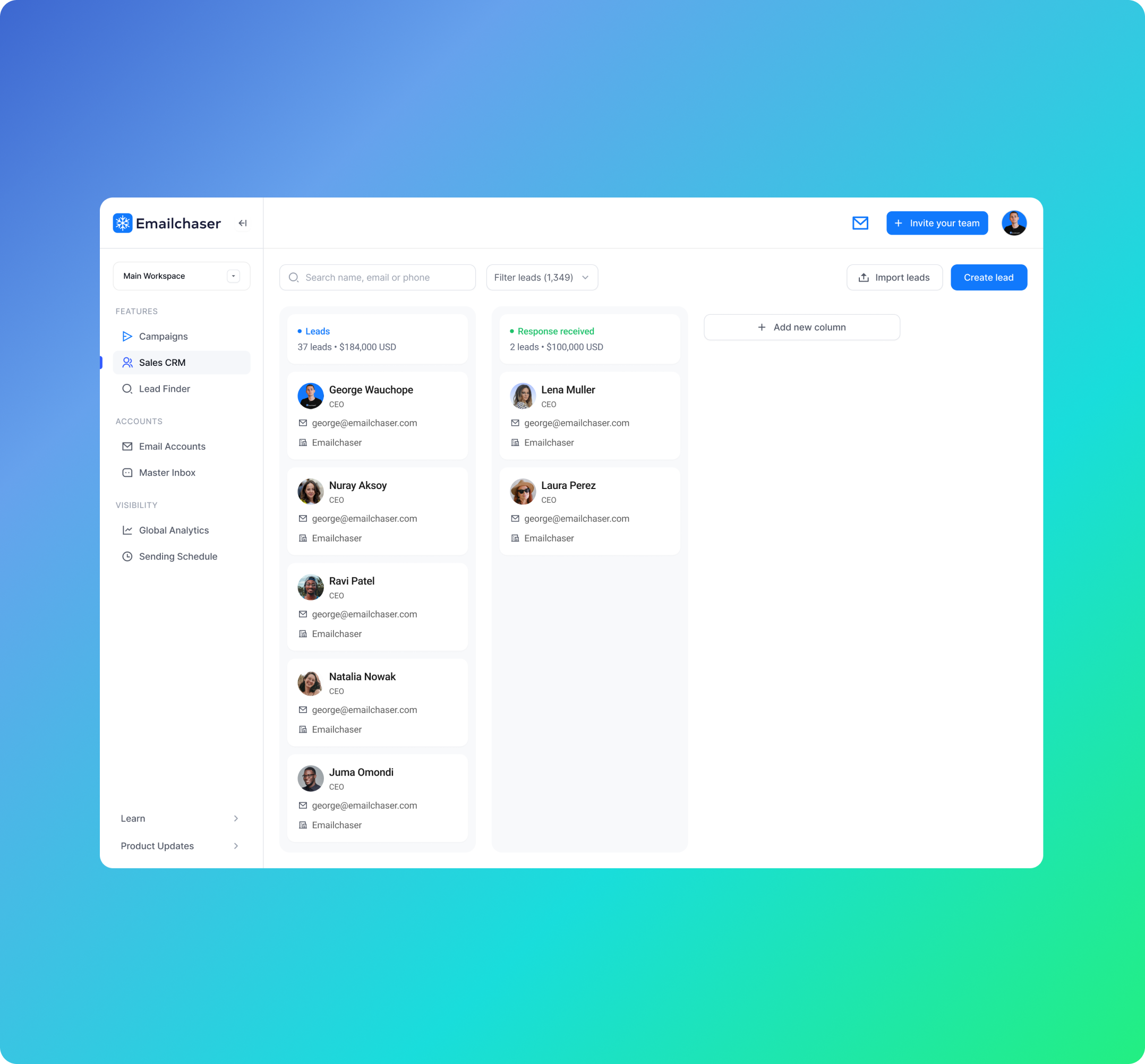 Emailchaser software interface
